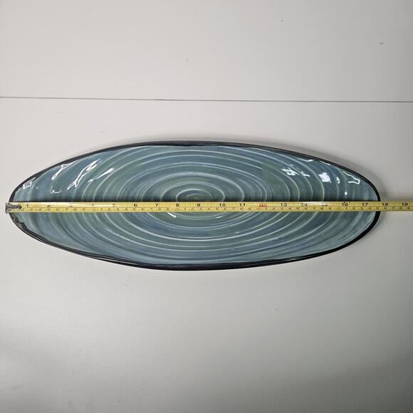 Handmade Platter Blue Glazed Pottery Ceramic Tray Plate Extra Large Oval 18" - Picture 4 of 6